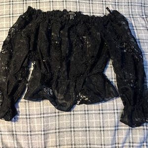 Forever 21: Black floral lace dress shirt, XL (stretchy), worn once!!